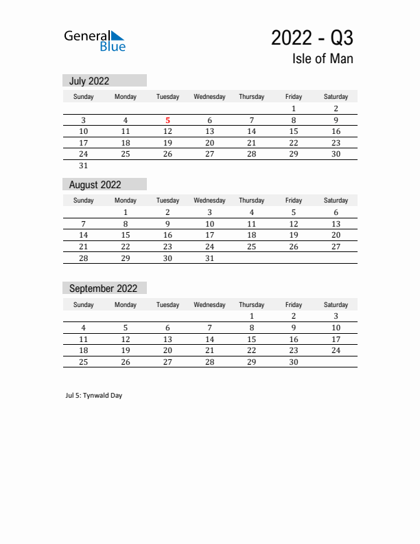 Isle of Man Quarter 3 2022 Calendar with Holidays