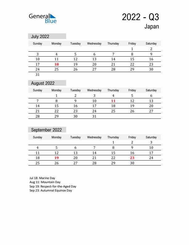 Japan Quarter 3 2022 Calendar with Holidays