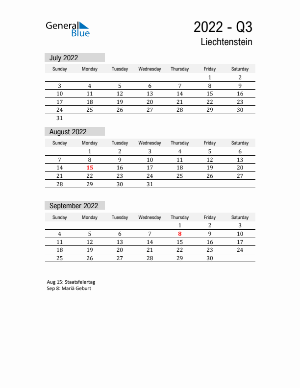 Liechtenstein Quarter 3 2022 Calendar with Holidays