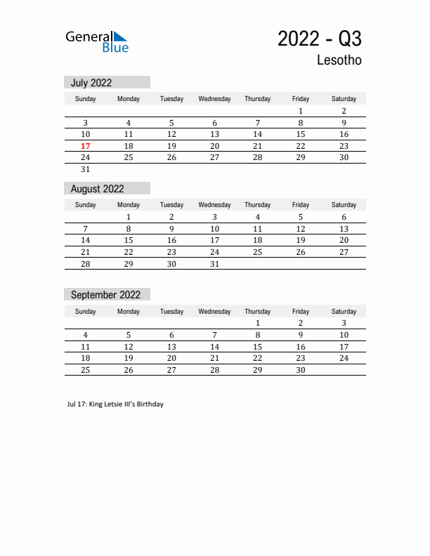 Lesotho Quarter 3 2022 Calendar with Holidays