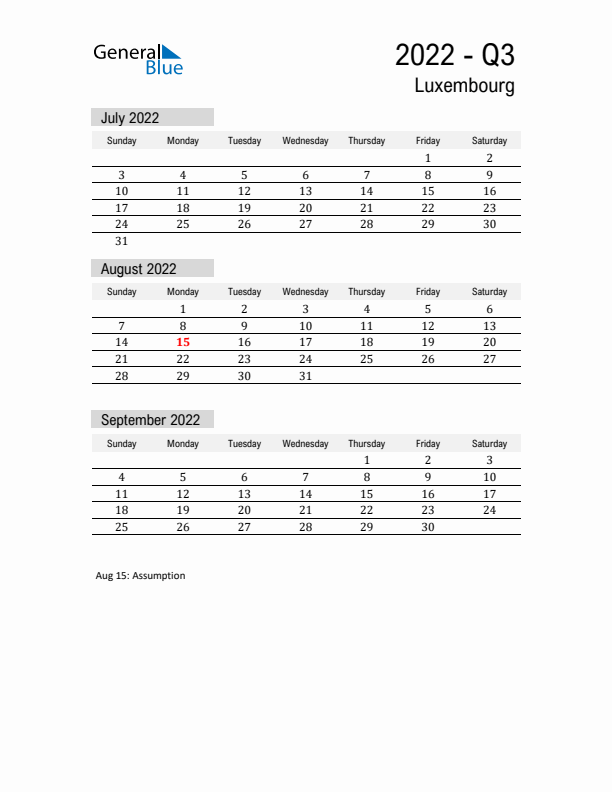 Luxembourg Quarter 3 2022 Calendar with Holidays