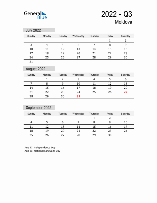 Moldova Quarter 3 2022 Calendar with Holidays