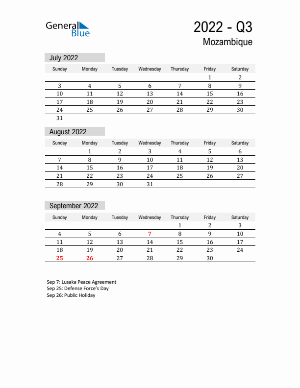 Mozambique Quarter 3 2022 Calendar with Holidays