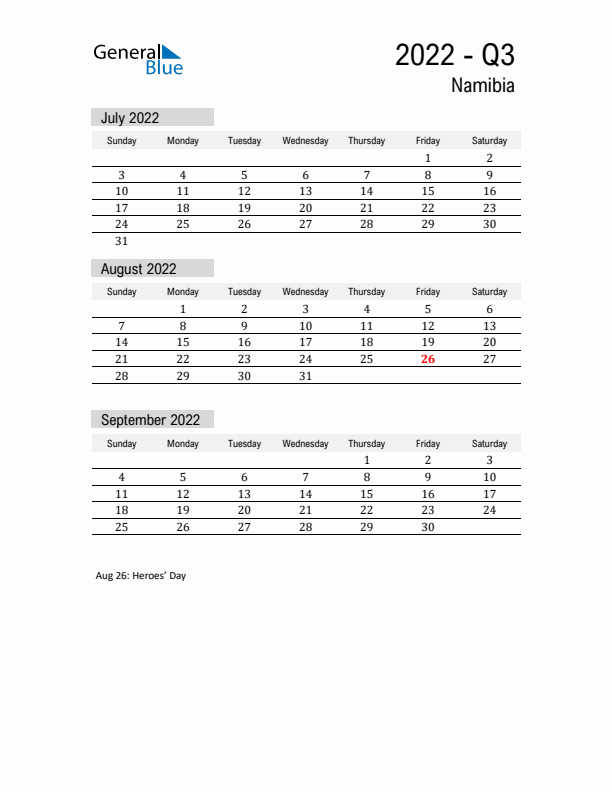 Namibia Quarter 3 2022 Calendar with Holidays