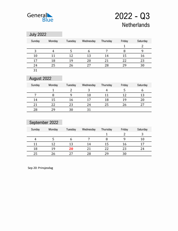 The Netherlands Quarter 3 2022 Calendar with Holidays