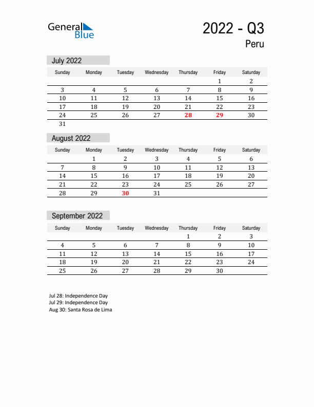 Peru Quarter 3 2022 Calendar with Holidays