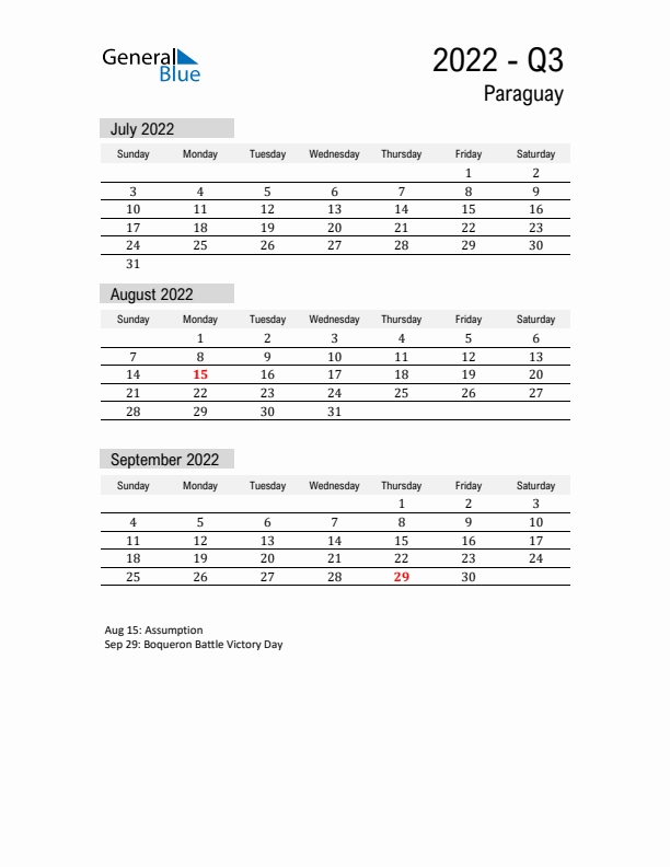 Paraguay Quarter 3 2022 Calendar with Holidays