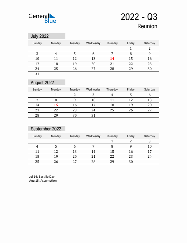 Reunion Quarter 3 2022 Calendar with Holidays