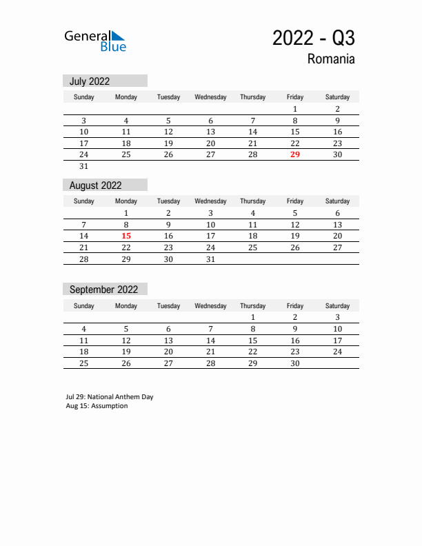 Romania Quarter 3 2022 Calendar with Holidays