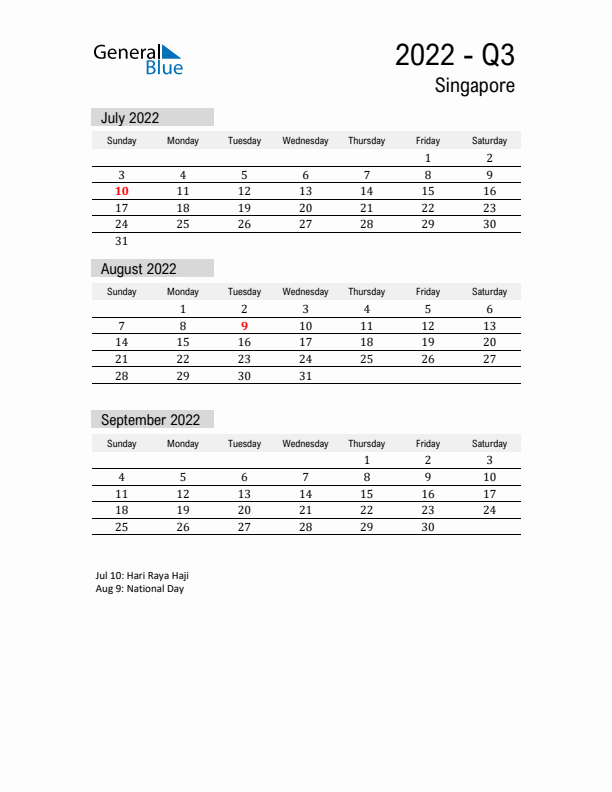 Singapore Quarter 3 2022 Calendar with Holidays