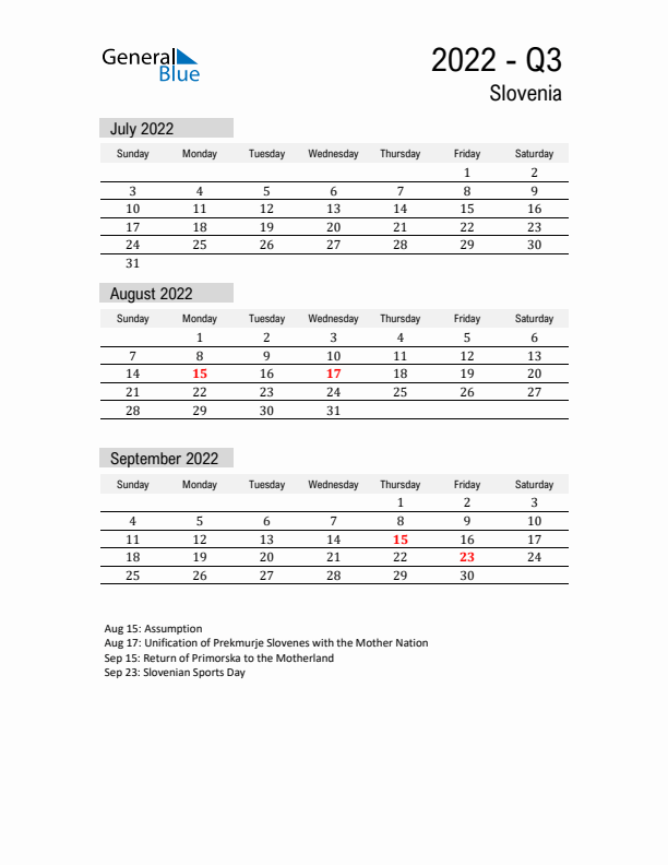 Slovenia Quarter 3 2022 Calendar with Holidays