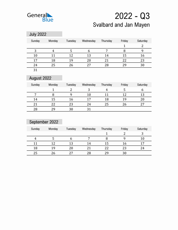 Svalbard and Jan Mayen Quarter 3 2022 Calendar with Holidays