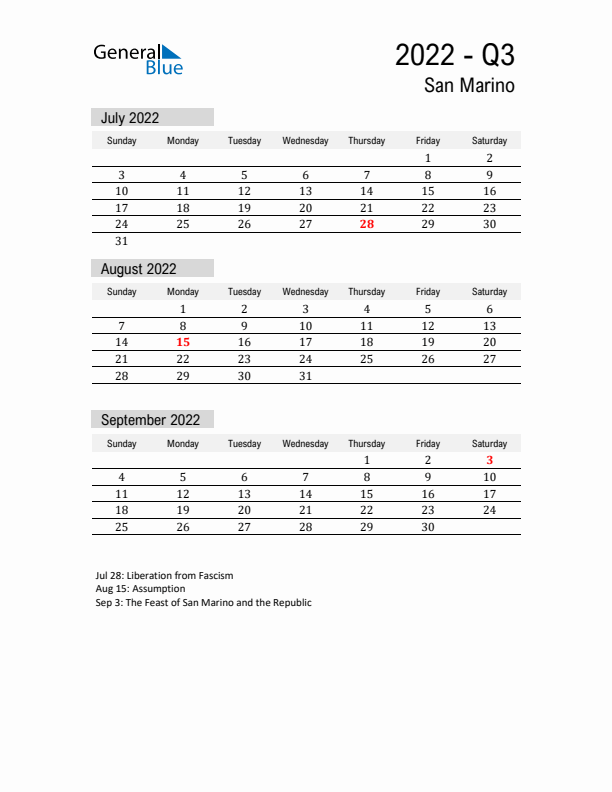 San Marino Quarter 3 2022 Calendar with Holidays