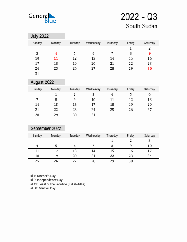 South Sudan Quarter 3 2022 Calendar with Holidays