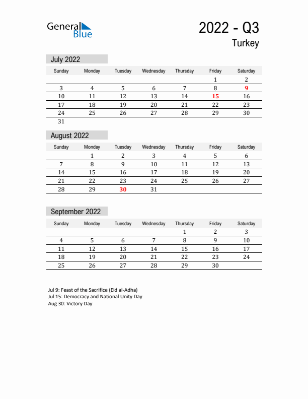 Turkey Quarter 3 2022 Calendar with Holidays