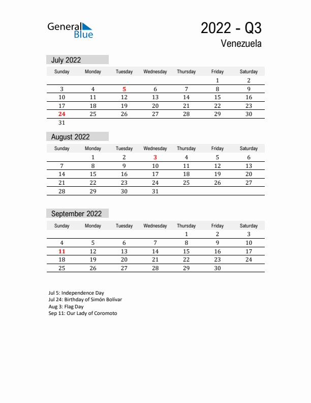 Venezuela Quarter 3 2022 Calendar with Holidays