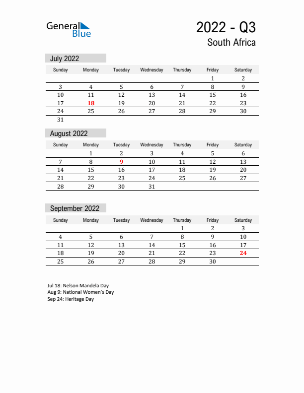 South Africa Quarter 3 2022 Calendar with Holidays