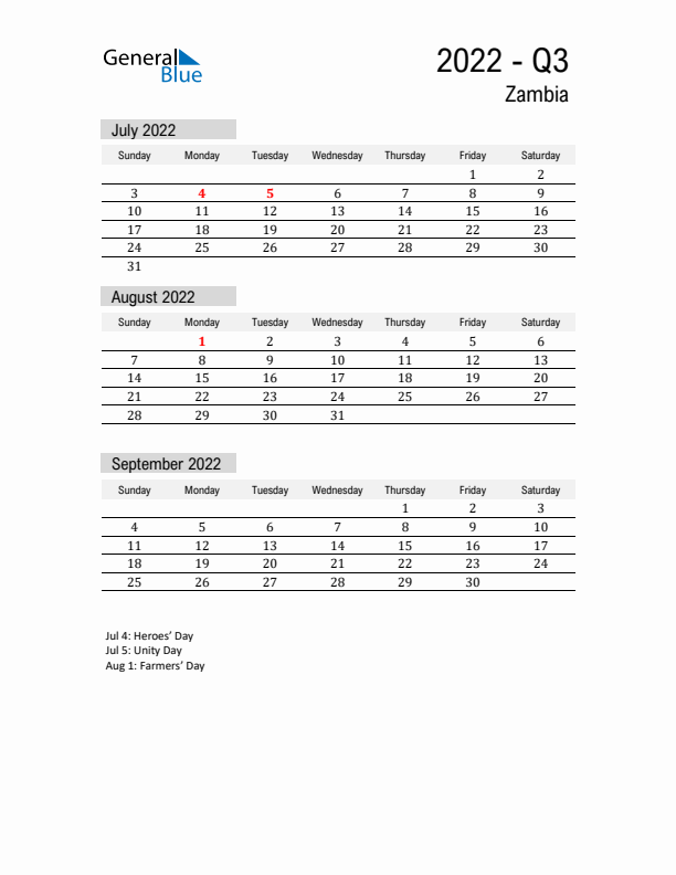 Zambia Quarter 3 2022 Calendar with Holidays