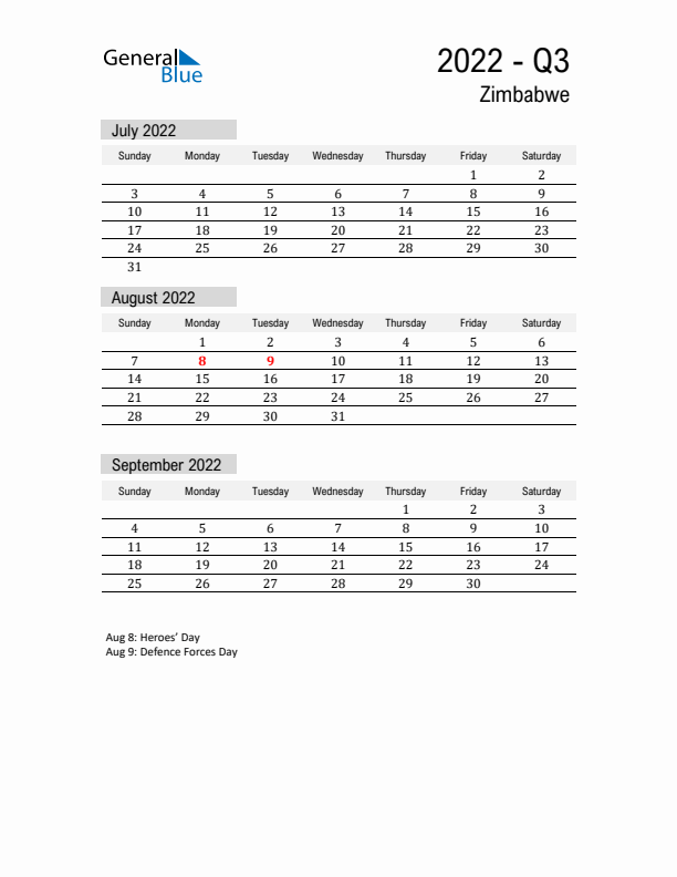 Zimbabwe Quarter 3 2022 Calendar with Holidays