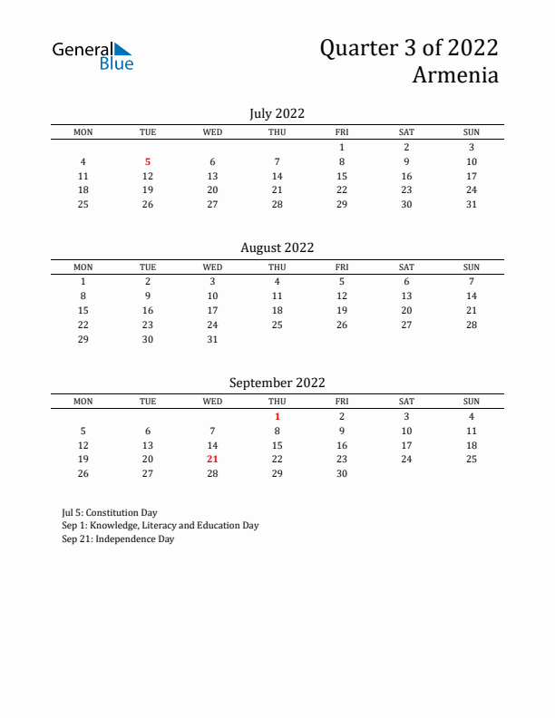 Quarter 3 2022 Armenia Quarterly Calendar