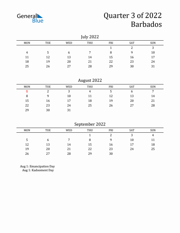 Quarter 3 2022 Barbados Quarterly Calendar