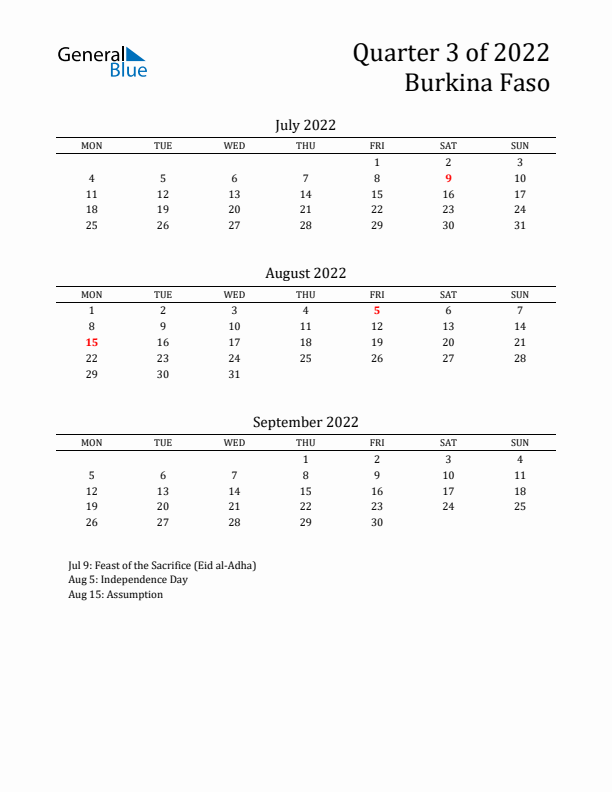 Quarter 3 2022 Burkina Faso Quarterly Calendar