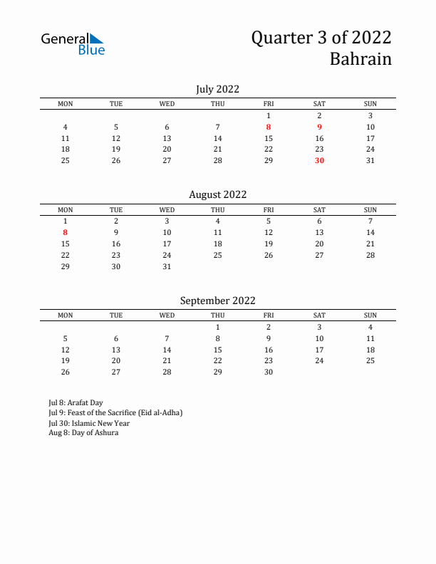 Quarter 3 2022 Bahrain Quarterly Calendar