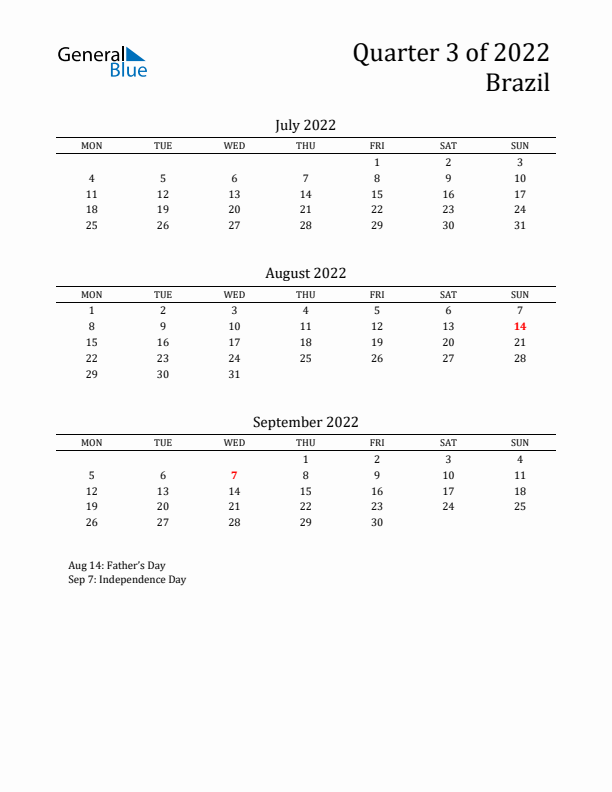 Quarter 3 2022 Brazil Quarterly Calendar