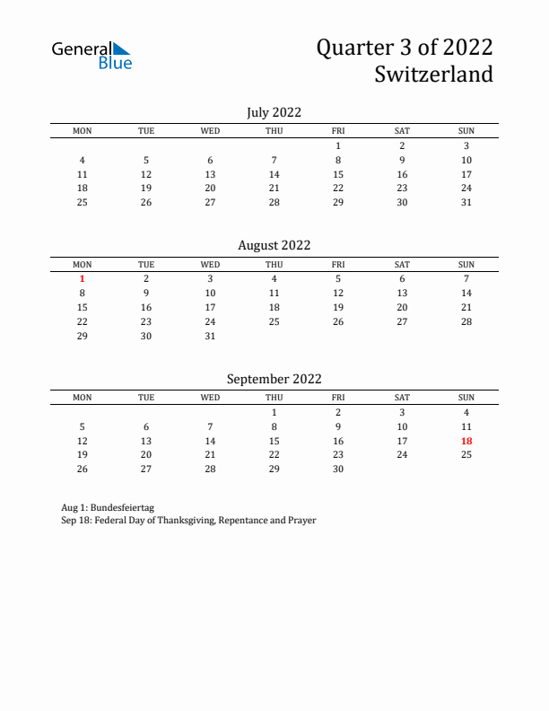 Quarter 3 2022 Switzerland Quarterly Calendar