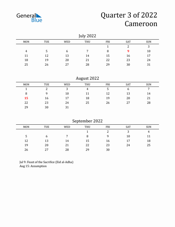 Quarter 3 2022 Cameroon Quarterly Calendar