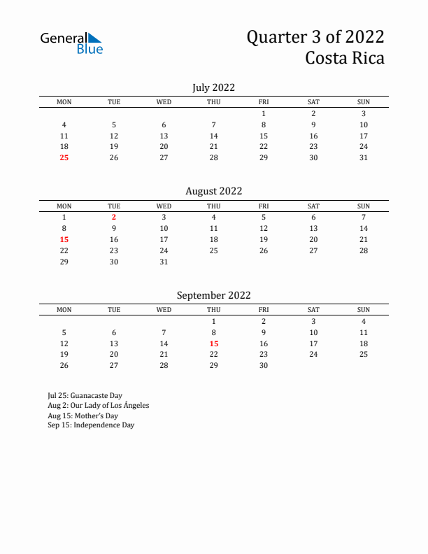 Quarter 3 2022 Costa Rica Quarterly Calendar