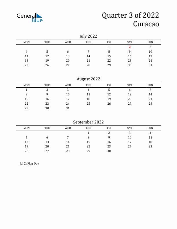 Quarter 3 2022 Curacao Quarterly Calendar