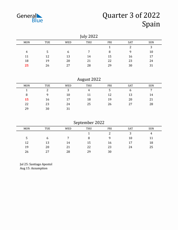 Quarter 3 2022 Spain Quarterly Calendar