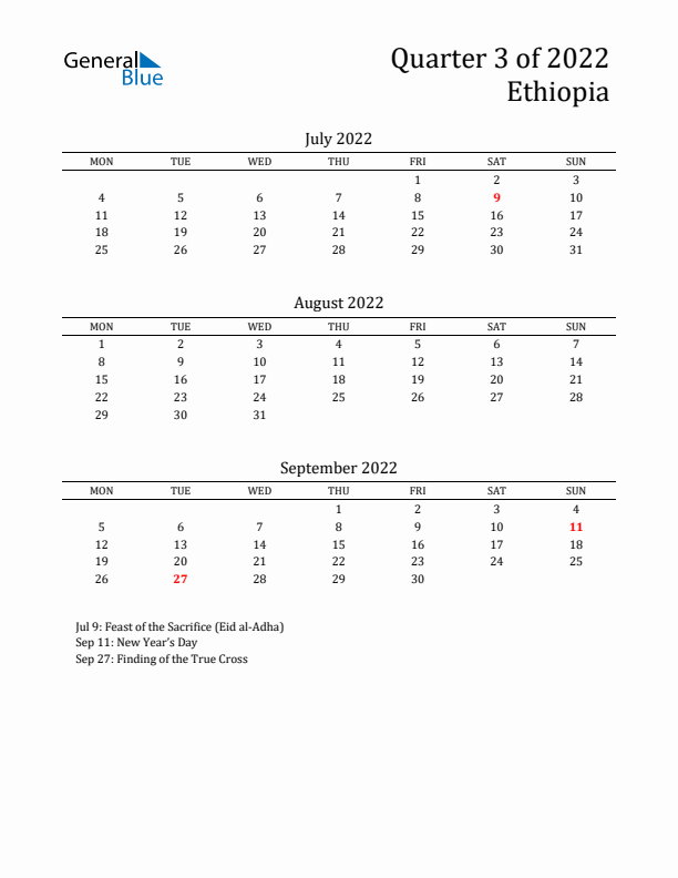 Quarter 3 2022 Ethiopia Quarterly Calendar