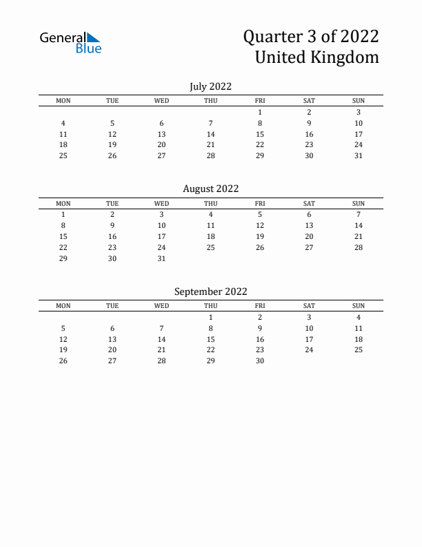 Quarter 3 2022 United Kingdom Quarterly Calendar