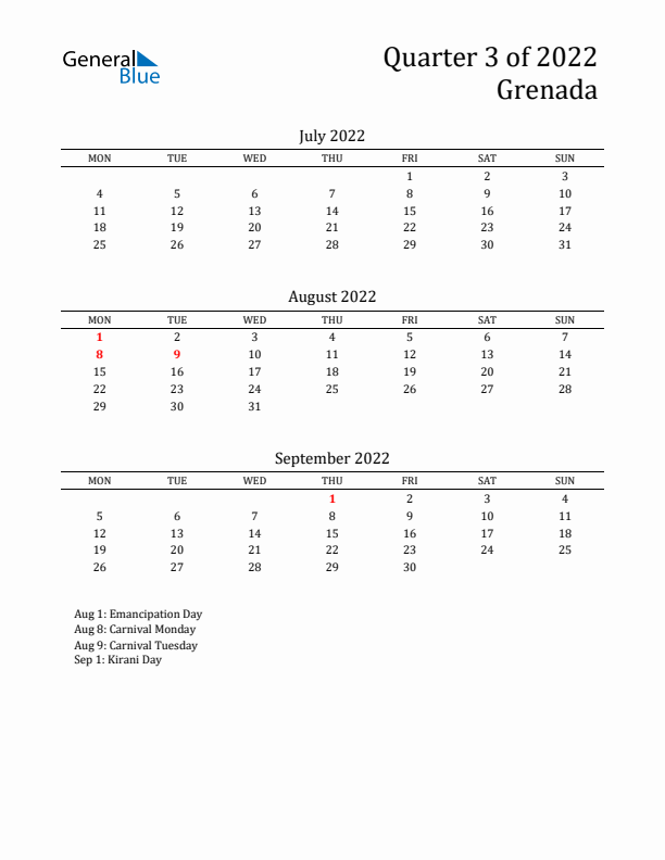 Quarter 3 2022 Grenada Quarterly Calendar