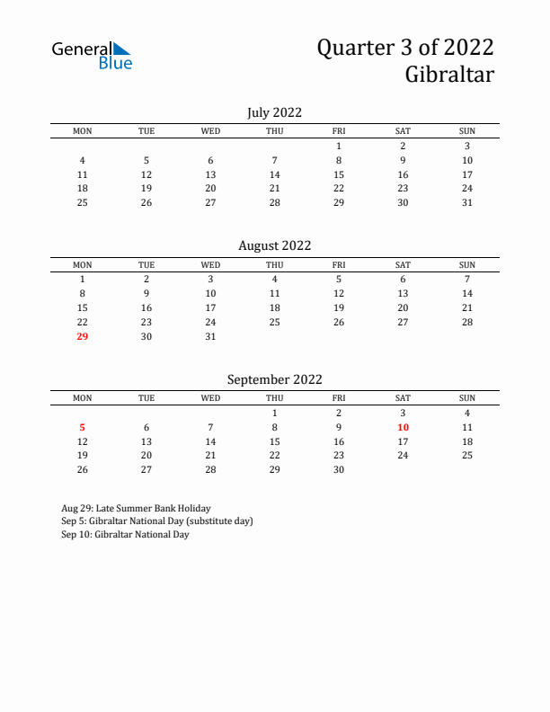 Quarter 3 2022 Gibraltar Quarterly Calendar