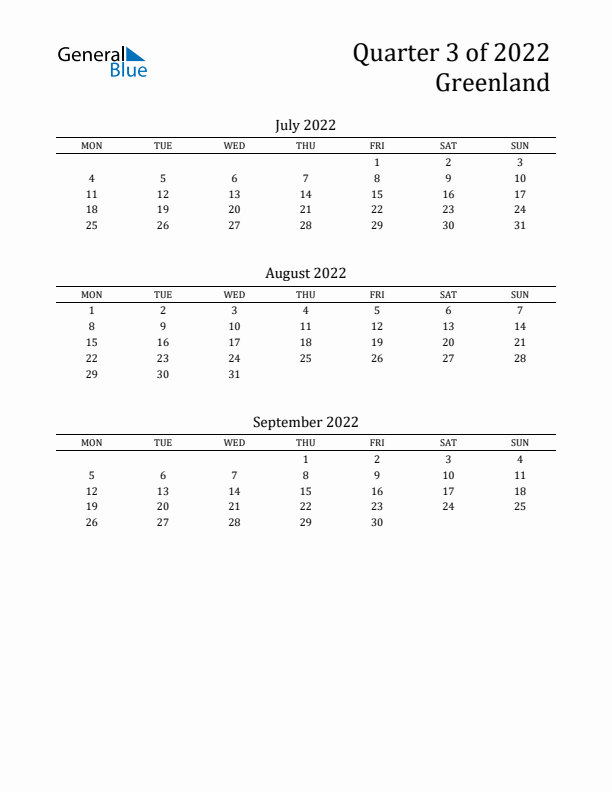 Quarter 3 2022 Greenland Quarterly Calendar