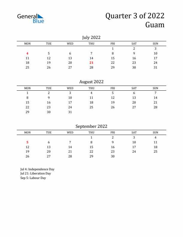 Quarter 3 2022 Guam Quarterly Calendar