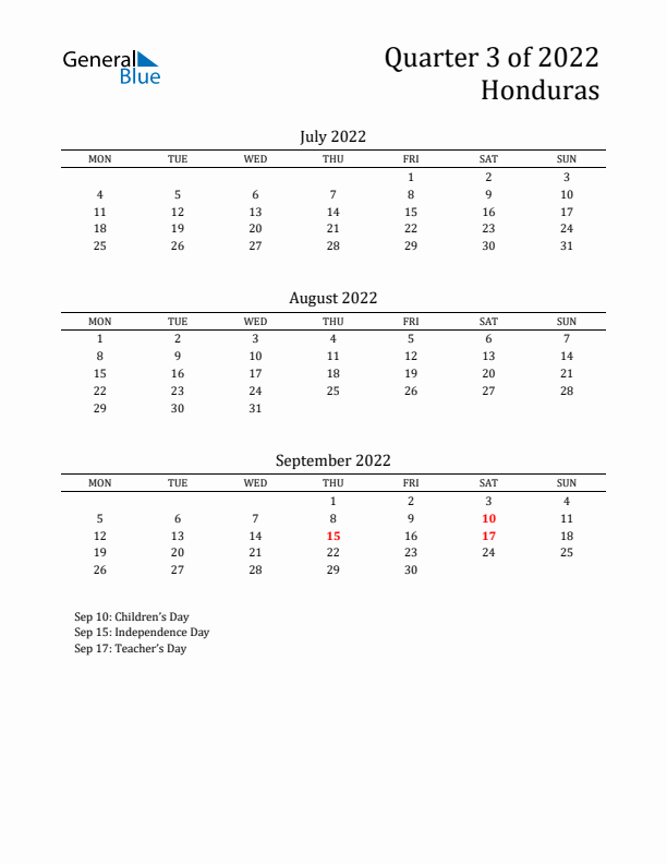 Quarter 3 2022 Honduras Quarterly Calendar