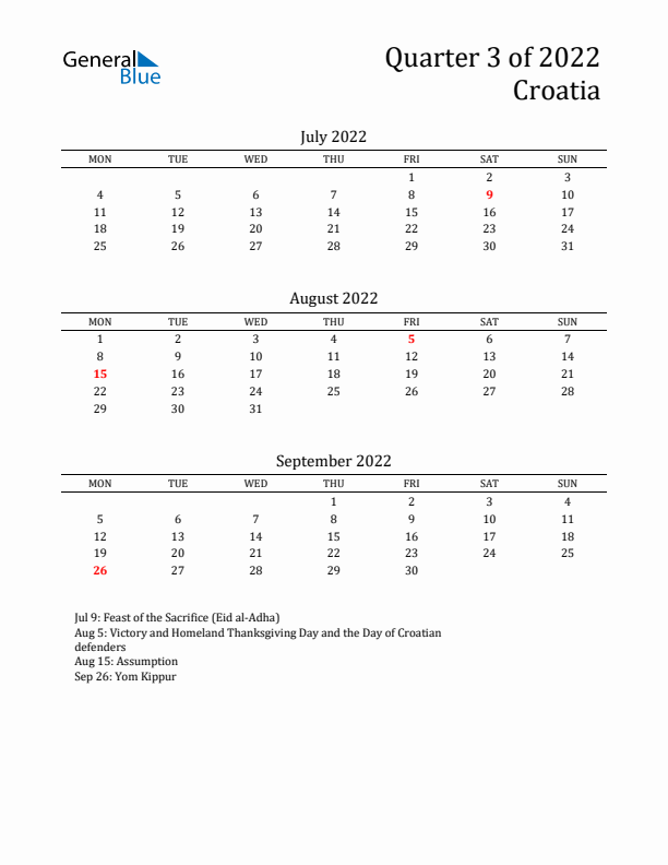 Quarter 3 2022 Croatia Quarterly Calendar