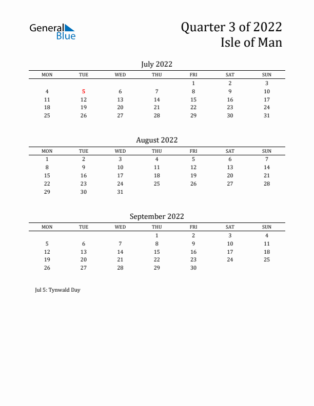 Quarter 3 2022 Isle of Man Quarterly Calendar