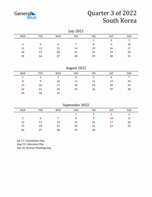 Quarter 3 2022 South Korea Quarterly Calendar