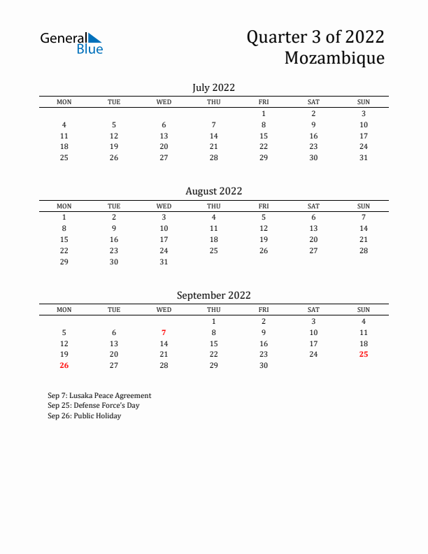 Quarter 3 2022 Mozambique Quarterly Calendar