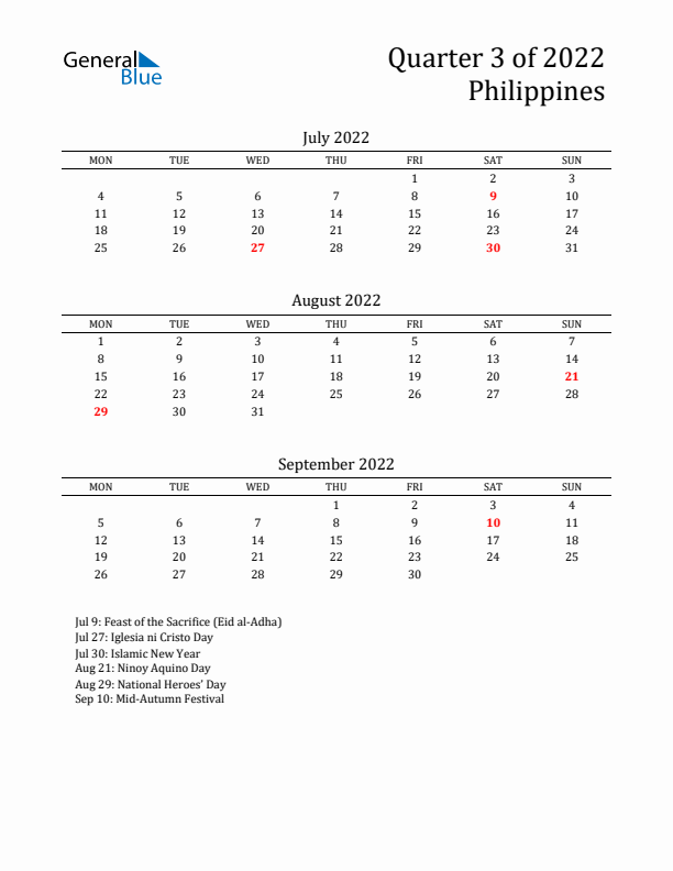 Quarter 3 2022 Philippines Quarterly Calendar