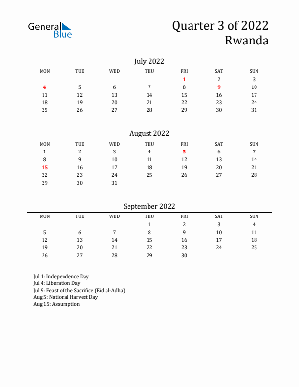 Quarter 3 2022 Rwanda Quarterly Calendar