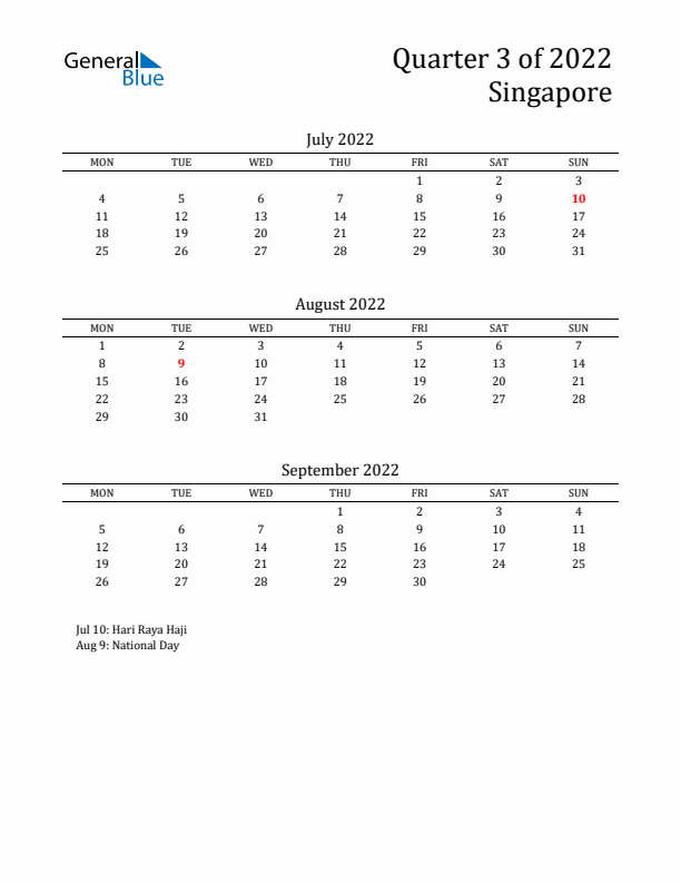 Quarter 3 2022 Singapore Quarterly Calendar