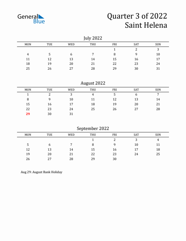 Quarter 3 2022 Saint Helena Quarterly Calendar