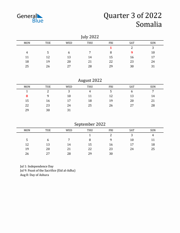 Quarter 3 2022 Somalia Quarterly Calendar