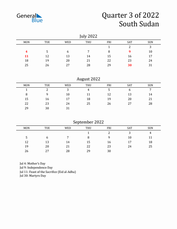 Quarter 3 2022 South Sudan Quarterly Calendar